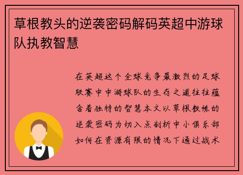 草根教头的逆袭密码解码英超中游球队执教智慧